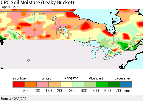 Canada CPC Soil Moisture (Leaky Bucket) Thematic Map For 4/26/2023 - 4/30/2023
