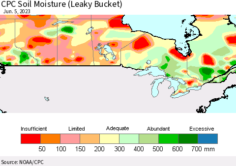 Canada CPC Soil Moisture (Leaky Bucket) Thematic Map For 6/1/2023 - 6/5/2023
