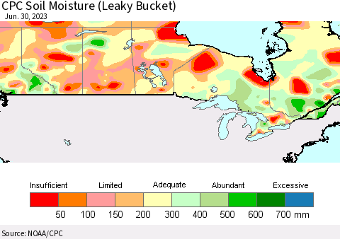 Canada CPC Soil Moisture (Leaky Bucket) Thematic Map For 6/26/2023 - 6/30/2023