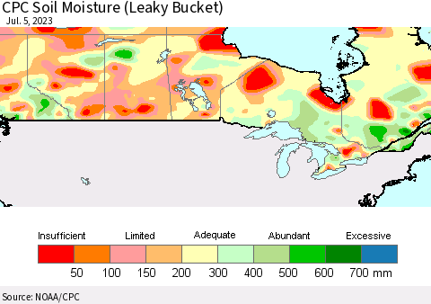 Canada CPC Soil Moisture (Leaky Bucket) Thematic Map For 7/1/2023 - 7/5/2023