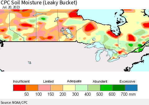 Canada CPC Soil Moisture (Leaky Bucket) Thematic Map For 7/16/2023 - 7/20/2023