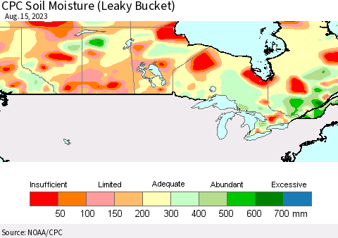 Canada CPC Soil Moisture (Leaky Bucket) Thematic Map For 8/11/2023 - 8/15/2023