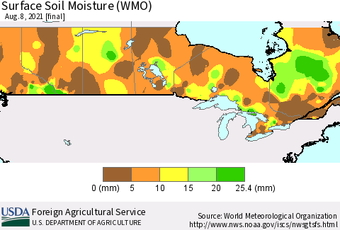 Canada Surface Soil Moisture (WMO) Thematic Map For 8/2/2021 - 8/8/2021