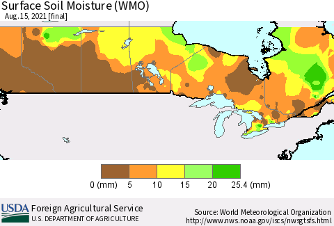 Canada Surface Soil Moisture (WMO) Thematic Map For 8/9/2021 - 8/15/2021