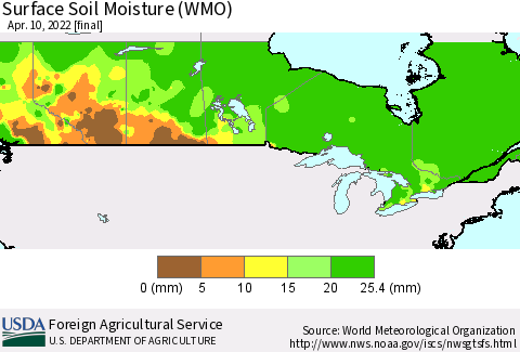 Canada Surface Soil Moisture (WMO) Thematic Map For 4/4/2022 - 4/10/2022