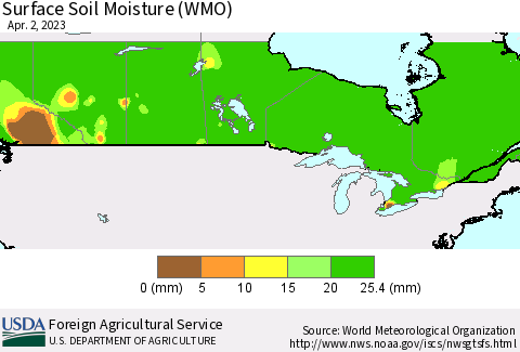 Canada Surface Soil Moisture (WMO) Thematic Map For 3/27/2023 - 4/2/2023
