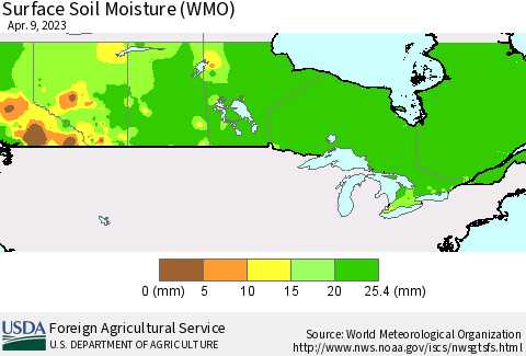 Canada Surface Soil Moisture (WMO) Thematic Map For 4/3/2023 - 4/9/2023