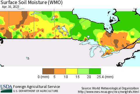Canada Surface Soil Moisture (WMO) Thematic Map For 4/10/2023 - 4/16/2023