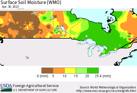 Canada Surface Soil Moisture (WMO) Thematic Map For 4/24/2023 - 4/30/2023