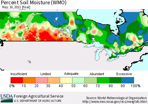 Canada Percent Soil Moisture (WMO) Thematic Map For 5/10/2021 - 5/16/2021