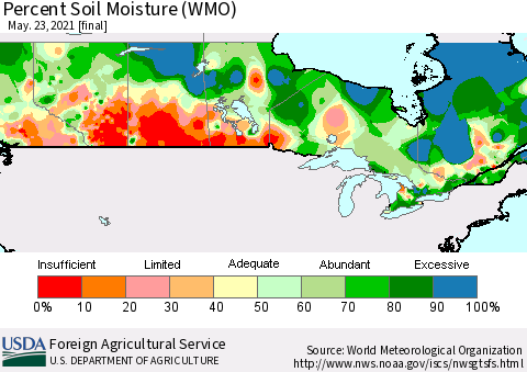 Canada Percent Soil Moisture (WMO) Thematic Map For 5/17/2021 - 5/23/2021