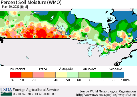 Canada Percent Soil Moisture (WMO) Thematic Map For 5/24/2021 - 5/30/2021