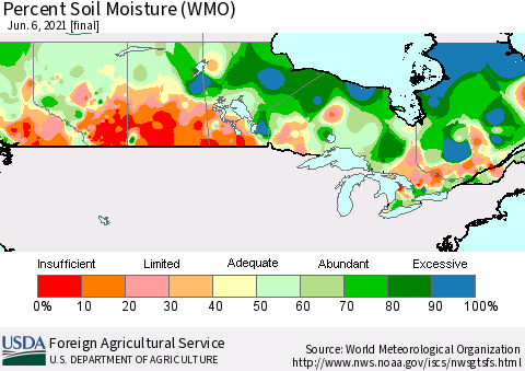 Canada Percent Soil Moisture (WMO) Thematic Map For 5/31/2021 - 6/6/2021