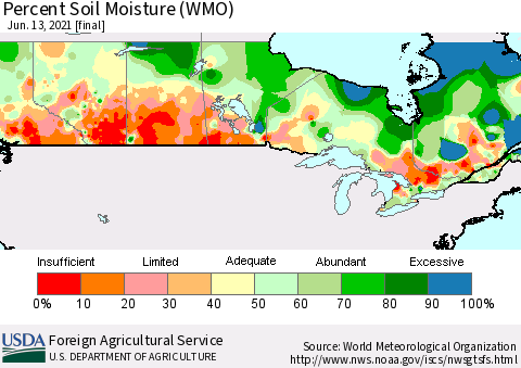 Canada Percent Soil Moisture (WMO) Thematic Map For 6/7/2021 - 6/13/2021