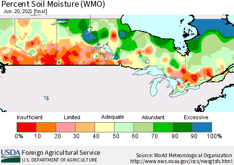 Canada Percent Soil Moisture (WMO) Thematic Map For 6/14/2021 - 6/20/2021