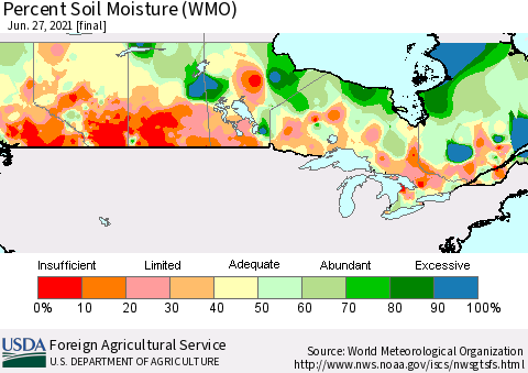 Canada Percent Soil Moisture (WMO) Thematic Map For 6/21/2021 - 6/27/2021