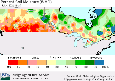 Canada Percent Soil Moisture (WMO) Thematic Map For 6/28/2021 - 7/4/2021