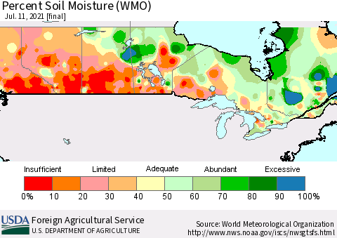 Canada Percent Soil Moisture (WMO) Thematic Map For 7/5/2021 - 7/11/2021