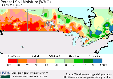 Canada Percent Soil Moisture (WMO) Thematic Map For 7/19/2021 - 7/25/2021