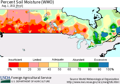 Canada Percent Soil Moisture (WMO) Thematic Map For 7/26/2021 - 8/1/2021