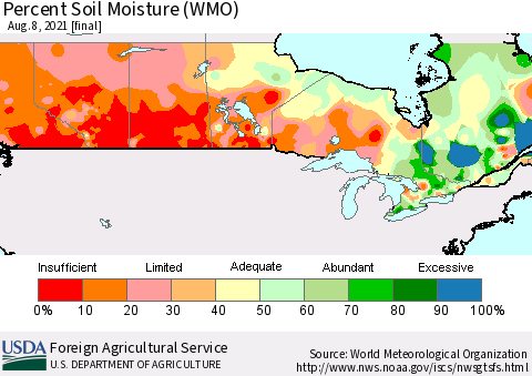 Canada Percent Soil Moisture (WMO) Thematic Map For 8/2/2021 - 8/8/2021