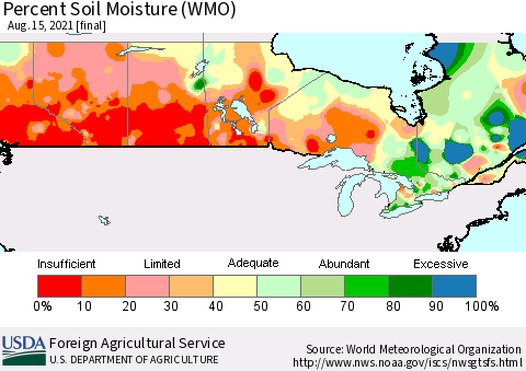 Canada Percent Soil Moisture (WMO) Thematic Map For 8/9/2021 - 8/15/2021