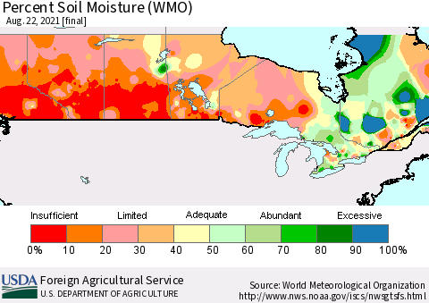 Canada Percent Soil Moisture (WMO) Thematic Map For 8/16/2021 - 8/22/2021