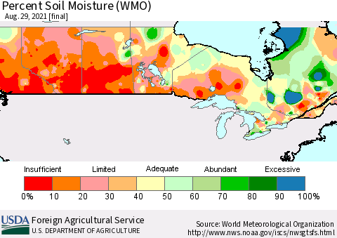 Canada Percent Soil Moisture (WMO) Thematic Map For 8/23/2021 - 8/29/2021