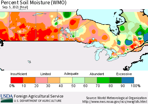 Canada Percent Soil Moisture (WMO) Thematic Map For 8/30/2021 - 9/5/2021