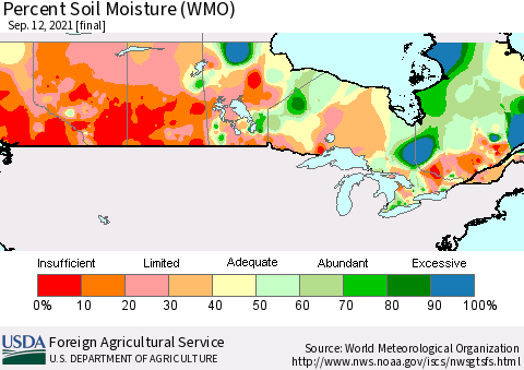Canada Percent Soil Moisture (WMO) Thematic Map For 9/6/2021 - 9/12/2021