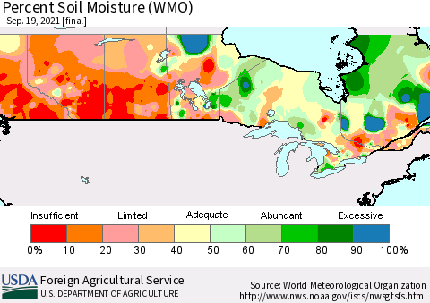 Canada Percent Soil Moisture (WMO) Thematic Map For 9/13/2021 - 9/19/2021