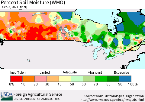 Canada Percent Soil Moisture (WMO) Thematic Map For 9/27/2021 - 10/3/2021