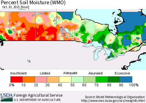 Canada Percent Soil Moisture (WMO) Thematic Map For 10/4/2021 - 10/10/2021