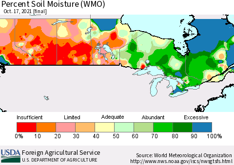 Canada Percent Soil Moisture (WMO) Thematic Map For 10/11/2021 - 10/17/2021