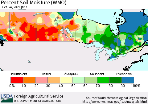 Canada Percent Soil Moisture (WMO) Thematic Map For 10/18/2021 - 10/24/2021