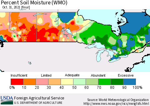 Canada Percent Soil Moisture (WMO) Thematic Map For 10/25/2021 - 10/31/2021