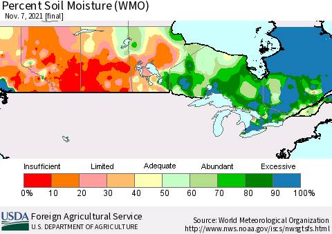 Canada Percent Soil Moisture (WMO) Thematic Map For 11/1/2021 - 11/7/2021