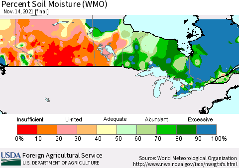 Canada Percent Soil Moisture (WMO) Thematic Map For 11/8/2021 - 11/14/2021
