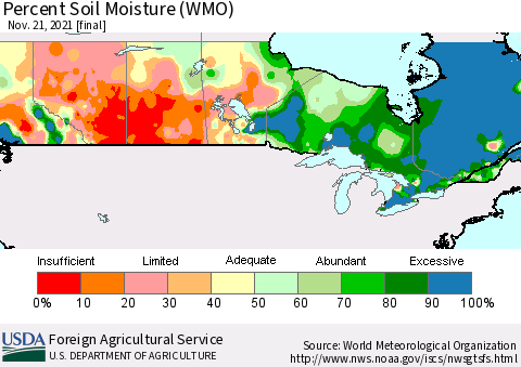 Canada Percent Soil Moisture (WMO) Thematic Map For 11/15/2021 - 11/21/2021
