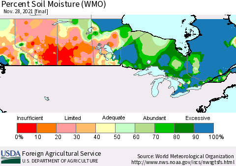 Canada Percent Soil Moisture (WMO) Thematic Map For 11/22/2021 - 11/28/2021