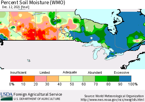 Canada Percent Soil Moisture (WMO) Thematic Map For 12/6/2021 - 12/12/2021