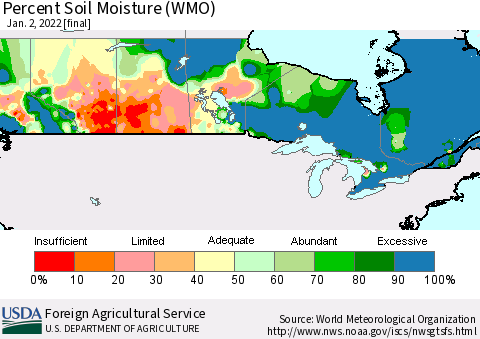 Canada Percent Soil Moisture (WMO) Thematic Map For 12/27/2021 - 1/2/2022