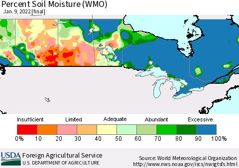 Canada Percent Soil Moisture (WMO) Thematic Map For 1/3/2022 - 1/9/2022