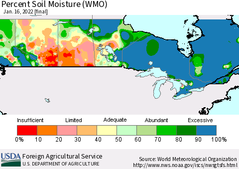 Canada Percent Soil Moisture (WMO) Thematic Map For 1/10/2022 - 1/16/2022