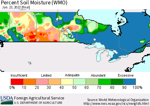 Canada Percent Soil Moisture (WMO) Thematic Map For 1/17/2022 - 1/23/2022