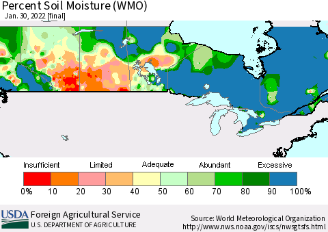 Canada Percent Soil Moisture (WMO) Thematic Map For 1/24/2022 - 1/30/2022