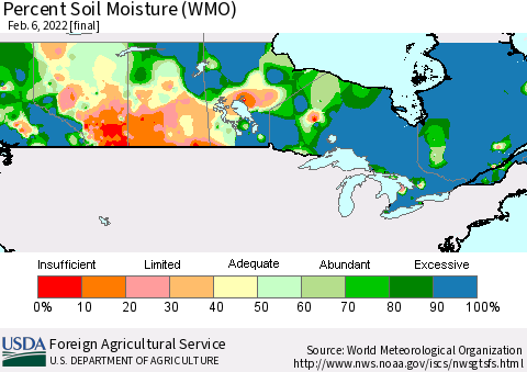 Canada Percent Soil Moisture (WMO) Thematic Map For 1/31/2022 - 2/6/2022