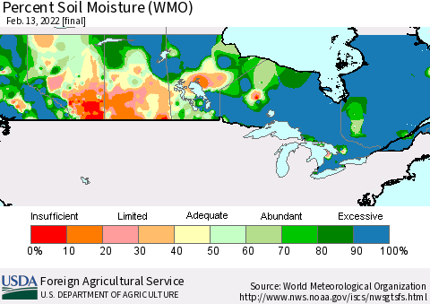 Canada Percent Soil Moisture (WMO) Thematic Map For 2/7/2022 - 2/13/2022