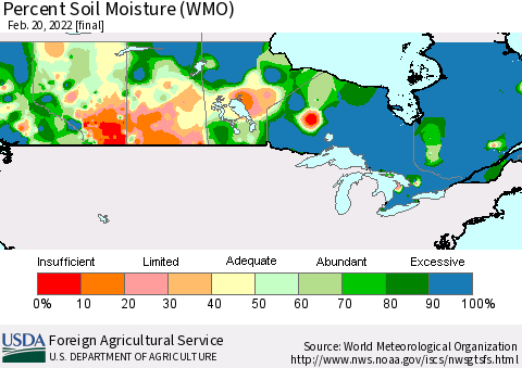 Canada Percent Soil Moisture (WMO) Thematic Map For 2/14/2022 - 2/20/2022