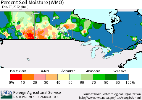 Canada Percent Soil Moisture (WMO) Thematic Map For 2/21/2022 - 2/27/2022